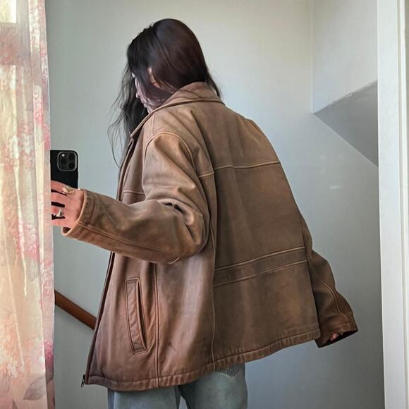 Vintage oversized brown worn leather jacket biker boyfriend moto coat distressed - Picture 5 of 8